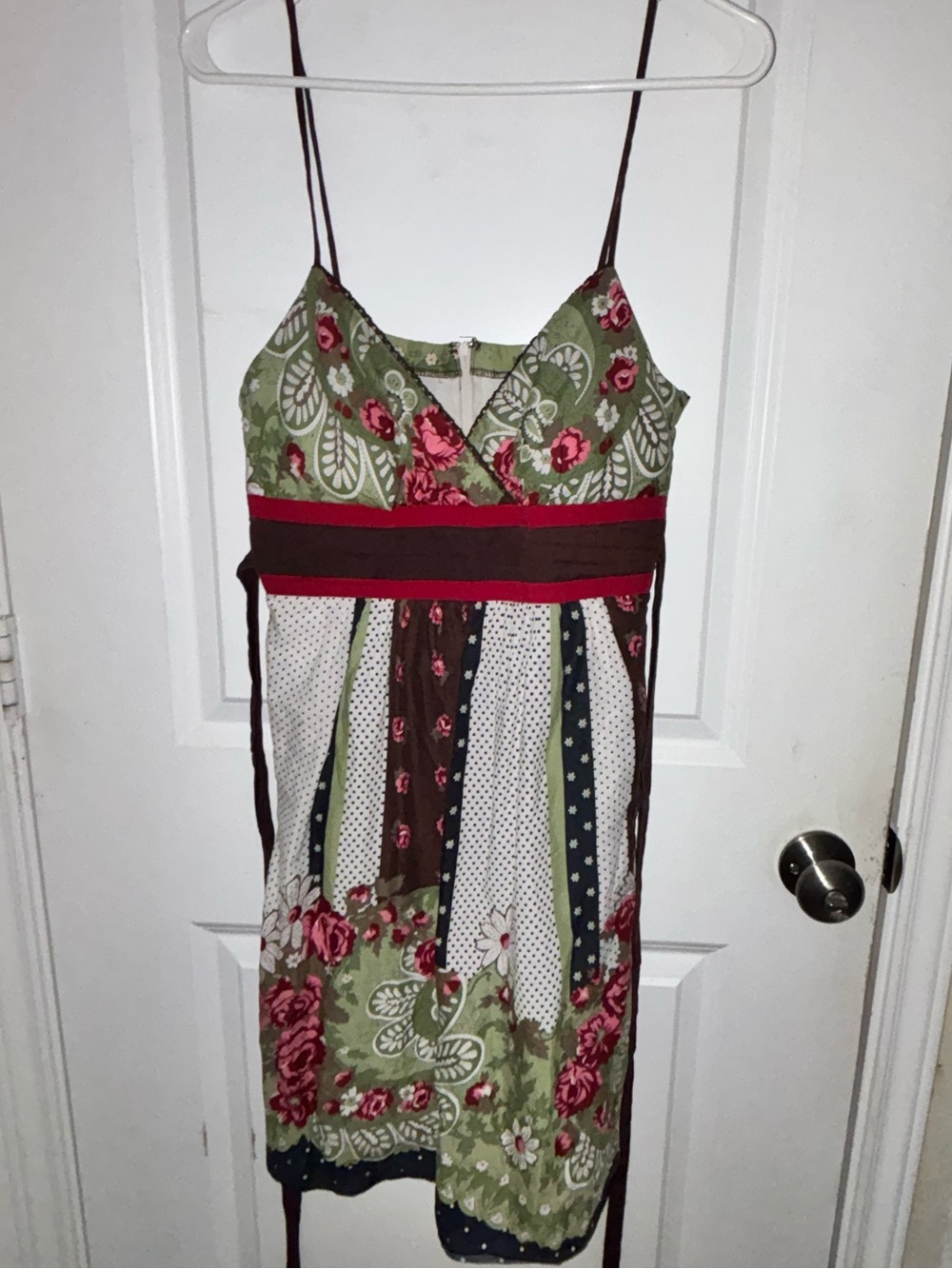 Teeze Me Green and Burgundy Floral Patchwork Spaghetti-Strap Dress